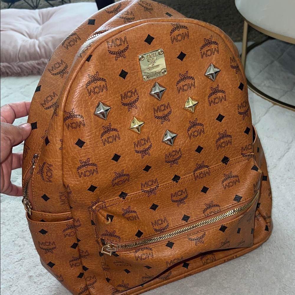 MCM Cognac Backpack with Stud Accents